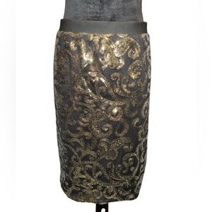 Cato Black With Gold Sequins Lined Pencil Skirt, Size Large